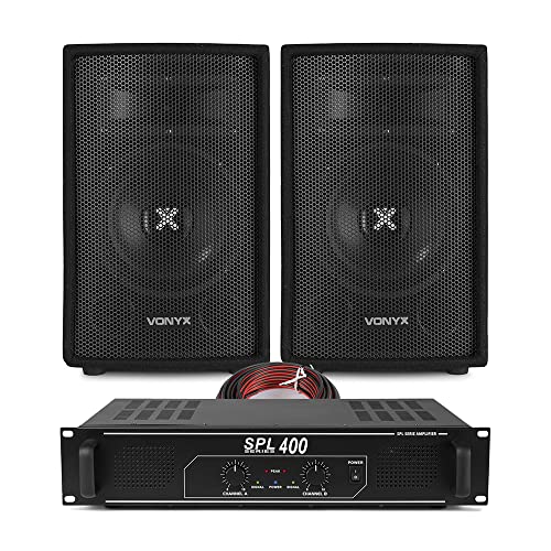 VONYX SL6 DJ Speaker & Amplifier Bundle – Complete Passive PA System, 250W Speakers Pair, Skytec SPL400 2-Channel Amplifier, 3.5mm to RCA & 10m Speaker Cable Kit, Home DJ, Compact Disco Audio Set