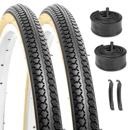 Hycline 261 3/8 Bike Tire Set 2-Pack (37-590) Skinwall Folding Puncture-Resistant Bicycle Tires with Schrader Tubes & Tire Levers Fits Vintage 261 3/8 City/Commuter Bikes