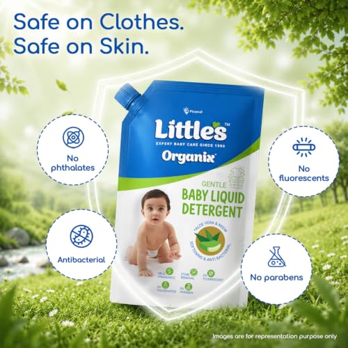 Image of Little's Organix Gentle Baby Liquid Detergent 1 L | with Aloevera & Neem | Anti-Bacterial & Softening | No Fluorescents, No Phosphates, No Parabens|Stain Removal, Suitable for Hand Wash & Machine Wash