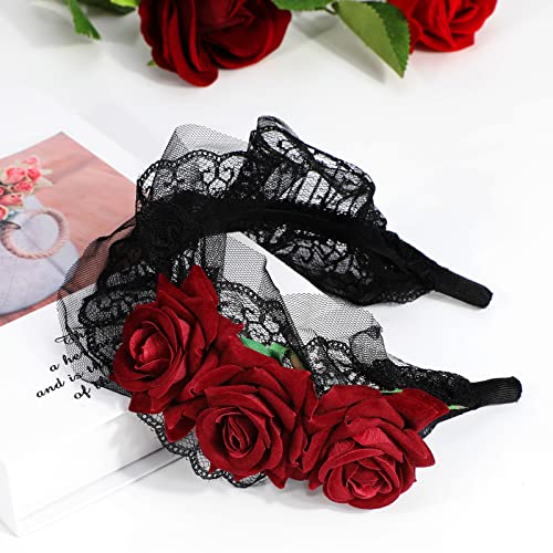 MWOOT Women Red Rose Headband, Floral Headpiece for Halloween Costumes Mexican Day of The Dead Hair Decor - Image 4