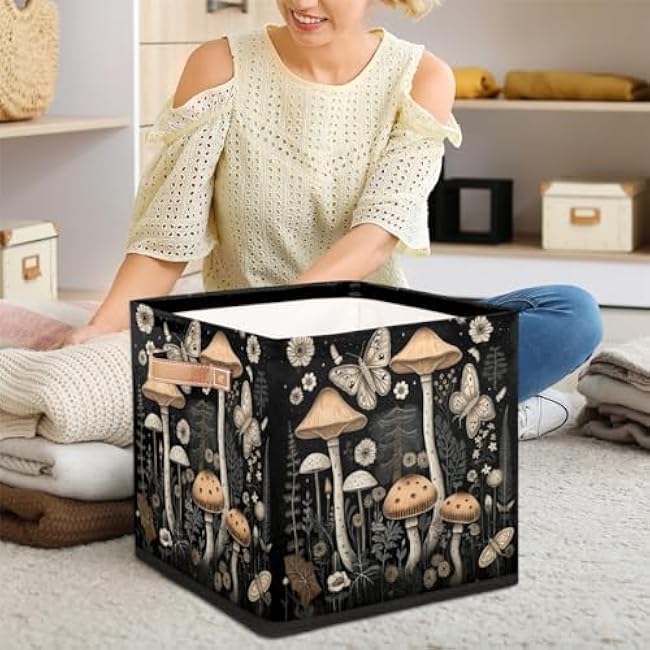 13x13 Inch Storage Basket Bin Mushrooms Butterfly Polyester Cloth Storage Cube Box Toys Clothes Towels Organizer for Kids Room Bedroom Shelves Pantry