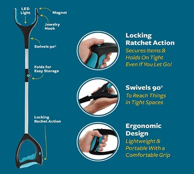 LED Folding Grabber Tool, Ratcheting Pick Up Stick with Light, Reach Extension Arm