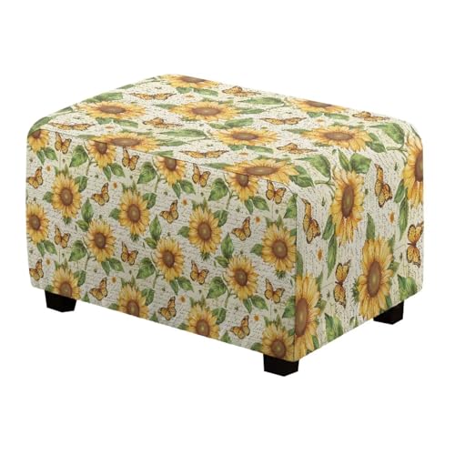 Qehuruxo Sunflower Ottoman Cover Slipcover Rectangle Stretch Footstool Protector, Anti-Scratch & Washable, Fits Living Room Pouf, Piano Bench & Storage Ottoman