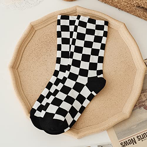 LANWE Sport Coton Chaussette, Chaussettes Damier pour Femme, 2 Paires de Chaussettes mi-Tube à Carreaux en Coton, Noir et Blanc, Taille Unique,Chaussettes de Course en Coton Cover