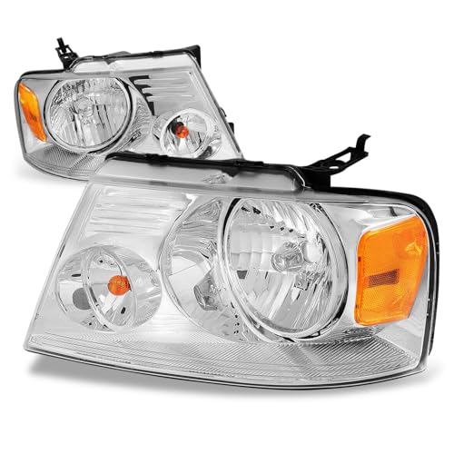 Auto Dynasty Headlights Assembly Compatible with 2004-2008 Ford F-150 Lincoln Mark LT, Driver and Passenger Side Halogen Headlamps Replacement, Chrome Housing Amber Corner