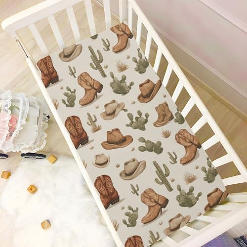 Image of Western Cowboy Brown Boots Crib Sheets Soft Breathable Fitted Baby Crib Sheets Mattress Cover for Girls Boys, 52 inch x 28 inch x 9 inch