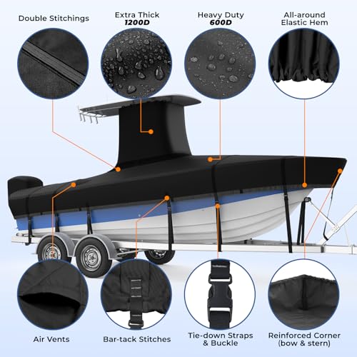 RVMasking Upgraded 1200D T-Top Boat Cover 100% Waterproof Heavy Duty Tear-Resistant Polyester with Motor Cover for Center Console Boat with T TOP Roof, 26'-28' Long Beam Width up to 116", Black by RVMasking - Used condition - Image 6