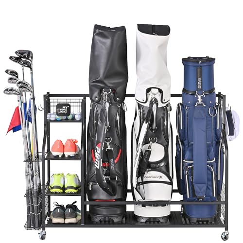 Mythinglogic Golf Storage Garage Organizer, Golf Bag Storage Stand and Other Golfing Equipment Rack, Extra Storage Rack for Golf Clubs 3 golf bag rack