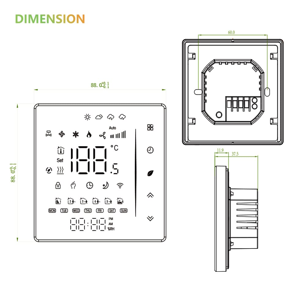 Termostato WiFi Color para Caldera Individual de Gas y Agua | Control Alexa Google Home, contacto seco 5A, voltaje 95‑240VAC, pantalla LED protectora de ojos