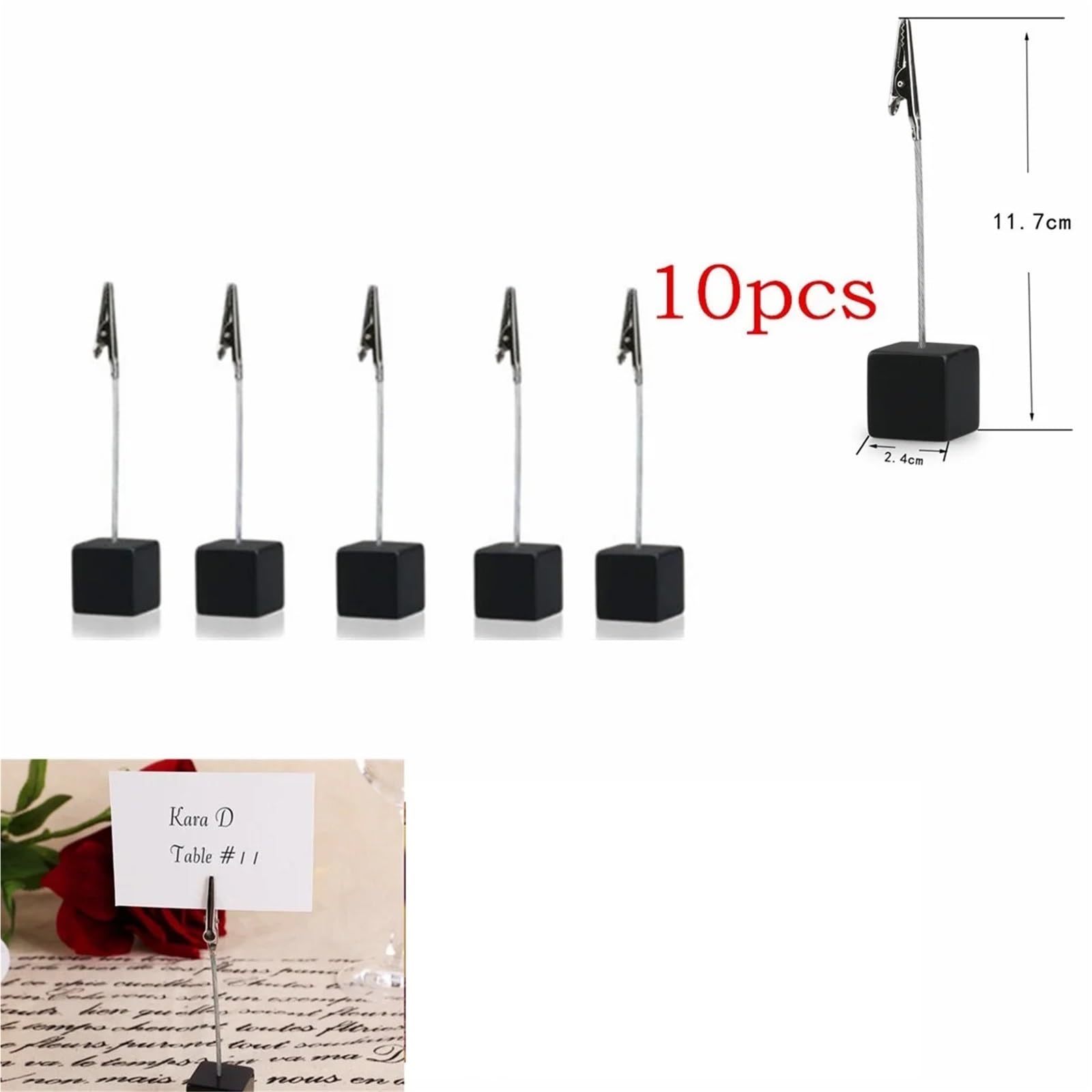 Lot de 10 clips mémo noirs en acier inoxydable avec base cube, organiseur de bureau, trombones photo pour tables, magasins, étiquettes, bureau, fête de mariage