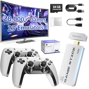 Retro Gaming Console, Retro Gaming Stick with 20,000+ Classic Game and 23 Game Emulators, Plug & Play 4K HDMI Output Game Console Stick with Dual 2.4G Controllers (64GB)