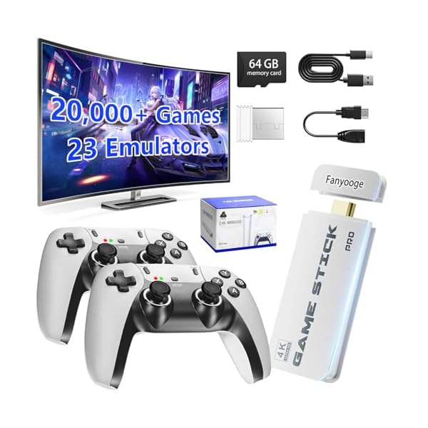 Retro Gaming Console, Retro Gaming Stick with 20,000+ Classic Game and 23 Game Emulators, Plug & Play 4K HDMI Output Game Console Stick with Dual 2.4G Controllers (64GB)