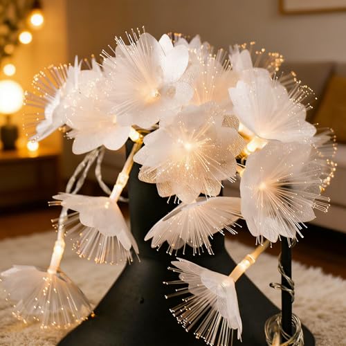 YeahBoom Lichterkette Blumen,1.5M 10 LED Blumen Lichterkette,Batteriebetrieben,Weiße Dekorative Blume-Lichterketten,Glasfaser Blume Lichterketten,für Hochzeit,Weihnachten,Garten,Partydekoration,Innen