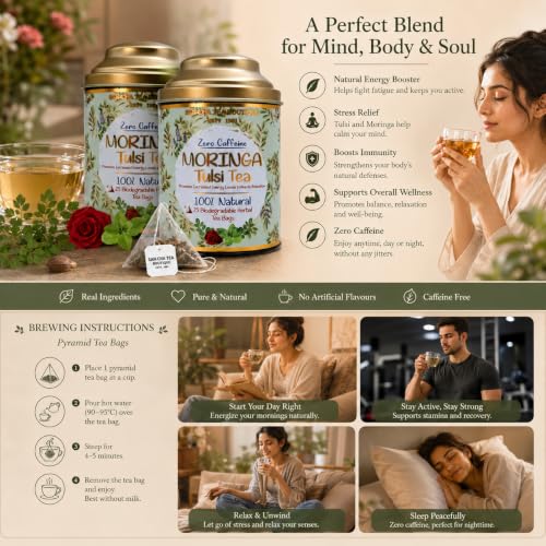 Image of Sancha Tea Boutique, Moringa Tulsi Tea, Caffeine Free Herbal Tisane, 25 Pyramid Bags, Hebal Tisane for Energy (Pack of 2)