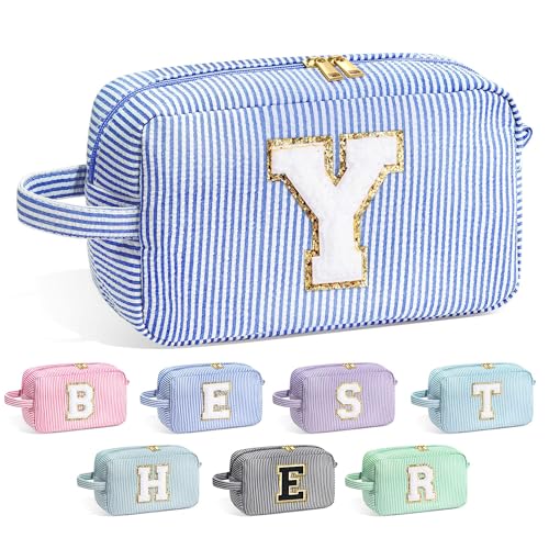 Image of YOOLIFE Initial Makeup Bag for Women - Monogram Cute Makeup Bags Cosmetic Case Toiletry Pouch for Women Her Best Friend Sister Teacher, Personalized Birthday Gifts for Women, Blue Y