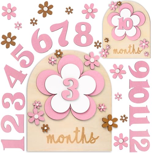 Image of Wonderjune 26 Pcs Baby Monthly Milestone Cards Set, 7 x 6 Inch Wooden Monthly Milestone Discs Milestone Wooden Circles One Month Baby Sign Milestone for Girl(Flower)