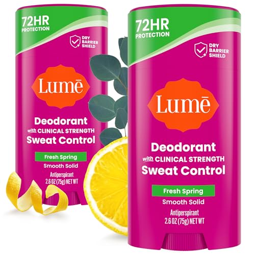 Lume Deodorant Plus Sweat Control - Smooth Solid Stick - Maximum Strength Antiperspirant - 72 Hour Odor And Sweat Control - Baking Soda Free Skin Loving - 2.6 ounce (Fresh Spring) Pack of 2