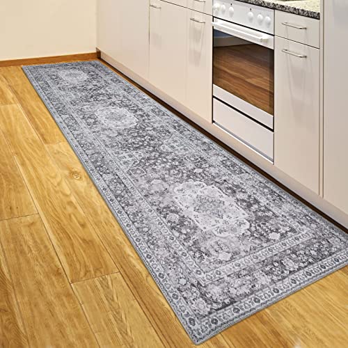 DECOMALL キッチンマット 240 洗える 台所マット おしゃれ ペルシャ風 ラグ マット 60x240CM 廊下 カーペット オールシーズン 滑り止め グレー 防ダニ 防臭 床暖房対応