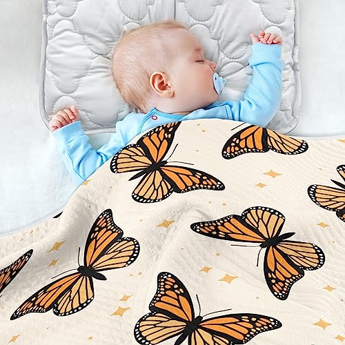 Image of Swaddle Blanket for Brown Monarch Butterflies Baby Receiving Blanket Muslin Baby Swaddles Soft Cotton Breathable Nursery Blankets for Unisex Boys and Girls 30x40 Inch
