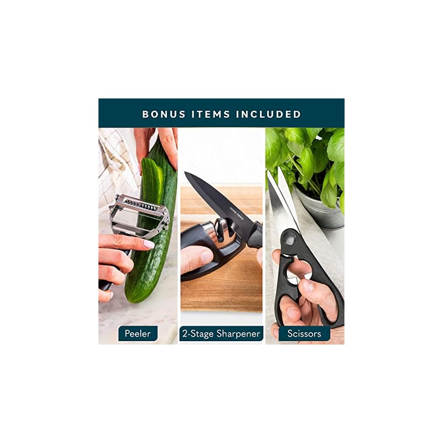 Home-Hero-17-pcs-Kitchen-Knife-Set-7-Stainless-Steel-Knives-6-Serrated-Steak-Knives-Scissors-Peeler-Knife-Sharpener-with-Acrylic-Stand-Black-Stainless-Steel Home Hero Kitchen Knife Set with Sharpener - High Carbon Stainless Steel Knife Block Set with Ergonomic Handles (20 Pcs - Black)
