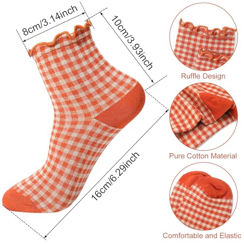 Image of 6 Pairs Cute Ruffle Socks for Women, Vintage Striped Frilly Sock Cute Checkered Ankle Socks for Women Cotton Knit Casual Crew Socks Size 5-9