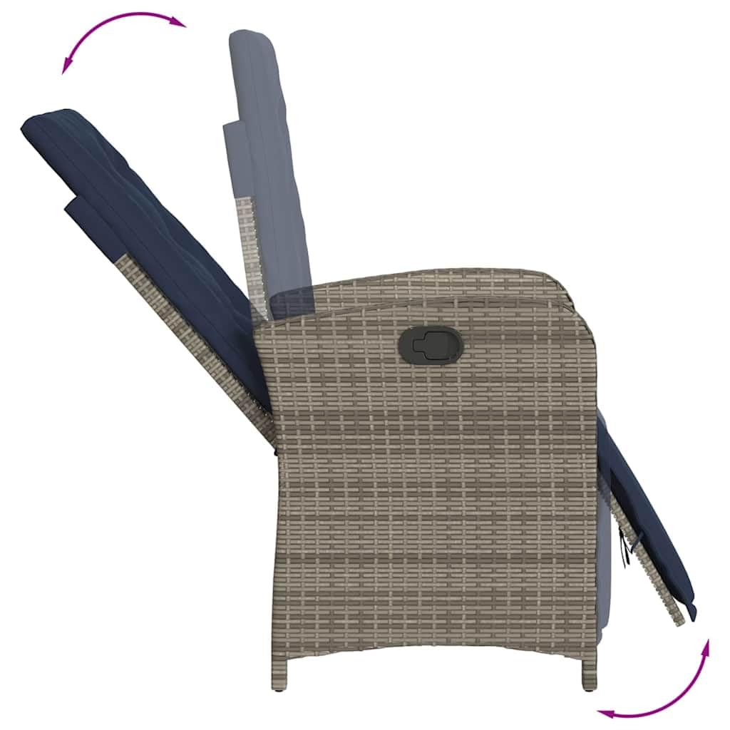 Poltrona da giardino con poggiapiedi, regolabile, in polyrattan grigio, per balcone e giardino, robusta, resistente ai raggi UV, con comodi cuscini