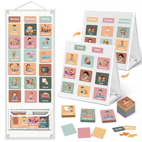 Image of Large Visual Schedule for Kids Chore Reward Chart,Bedtime Routine Chart for Toddlers,Double Side Schedule Board with 109 Cards for Home School Planner,Autism Learning Materials (White)