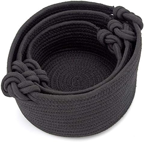 EZOWare Set of 3 Round Natural Cotton Rope Shelf Basket, Soft Storage Organiser Perfect for Home Decor, Closet, Toys - Black Multi-Sized