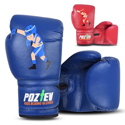 POZTEV Youth Boxing Gloves for Kids Ideal for Boxing Kickboxing Muay Thai UFC MMA - Beginner Junior Heavy Punching Bag Gloves for Children Sparring Training Martial Arts Mitts (Blue 6oz)