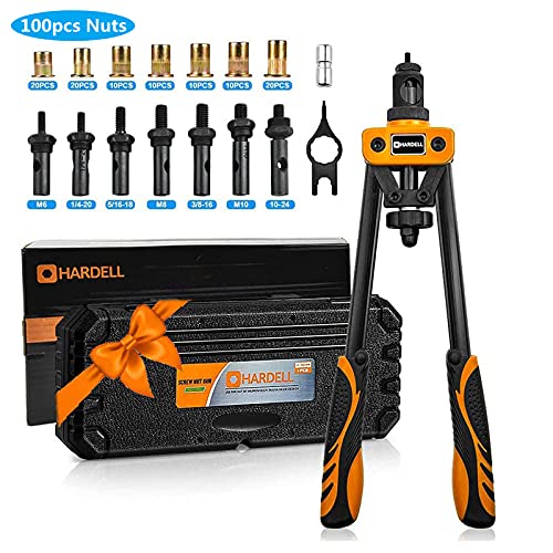 HARDELL Rivet Nuts Tool, 14 Hand Rivet Tool Kits with 100Pcs Rivet Nuts and 7 Metric & Inch Mandrels M6 M8 M10, 1 4-20, 5 16-18, 3 8-16, 10-24 and Rugged Carrying Case
