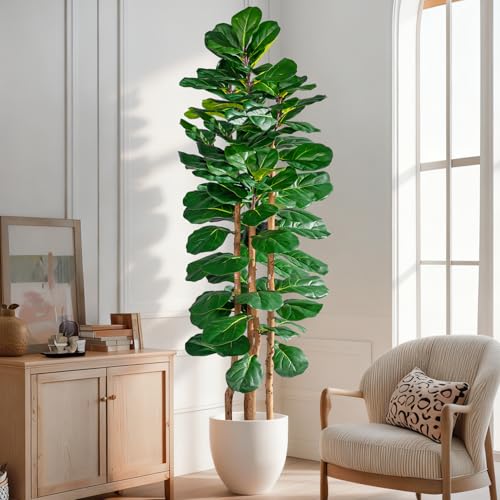 Image of Artificial Fiddle Leaf Fig Tree 6FT, Faux Fig Tree Indoor with Natural Wood Trunk & Realistic Leaves with Moss Pot Fake Ficus Tree Large Faux Floor Plant for Living Room Home Decor, House Plant