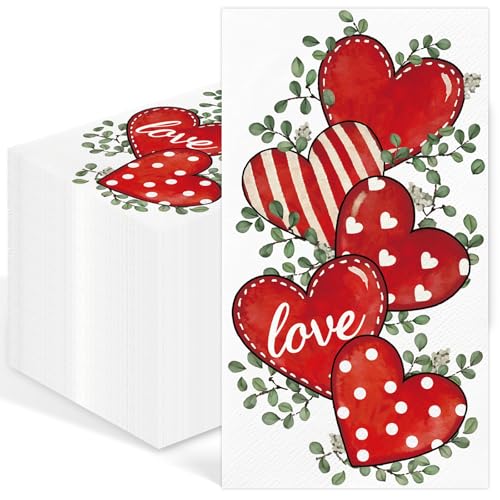 IANFEPH 100 Pcs Valentine's Day Napkins 3 Ply Disposable Watercolor Eucalyptus Red Heart Napkin Decorative Dinner Guest Napkins for Wedding Anniversary Birthday Cocktail Party (Eucalyptus Love)