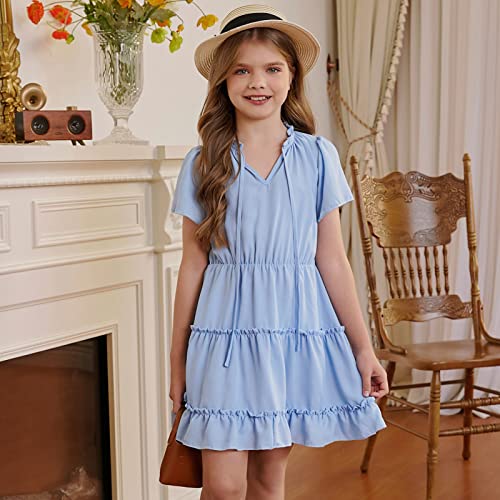 Blibean Girl Short Sleeve Dress Kid Tiered Tunic Maxi Dresses Boho A-Line Dress Casual Ruffle Solid Bohemian Swing Summer Clothes Size 6-7 Years Medium Sky Blue #TOP1