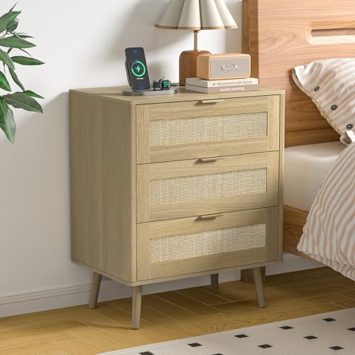 Voguad 3 Drawer Rattan Nightstand with Charging Station, Boho Bedside
