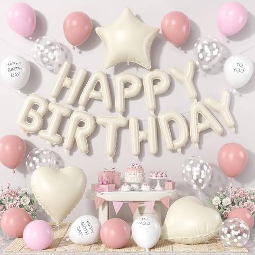 Ballons anniversaire rose poudré et bannière Happy Birthday pour fête mixte
