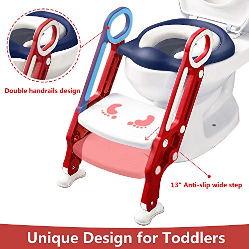 Potty Training Toilet Seat with Step Stool Ladder for Kids Children Baby Toddler Toilet Training Seat Chair with Soft Cushion Sturdy and Non-Slip Wide Steps for Girls and Boys (Blue Red)