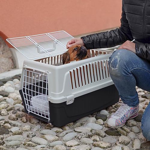 Ferplast Katzentransportbox, kleine mittelgroße Hundetransportbox, Hunde und Katzen bis 15 kg, mit Kissen und Napf, Lüftungsschlitze, 40x60xH38 cm, Transportbehälter Atlas 30 Open