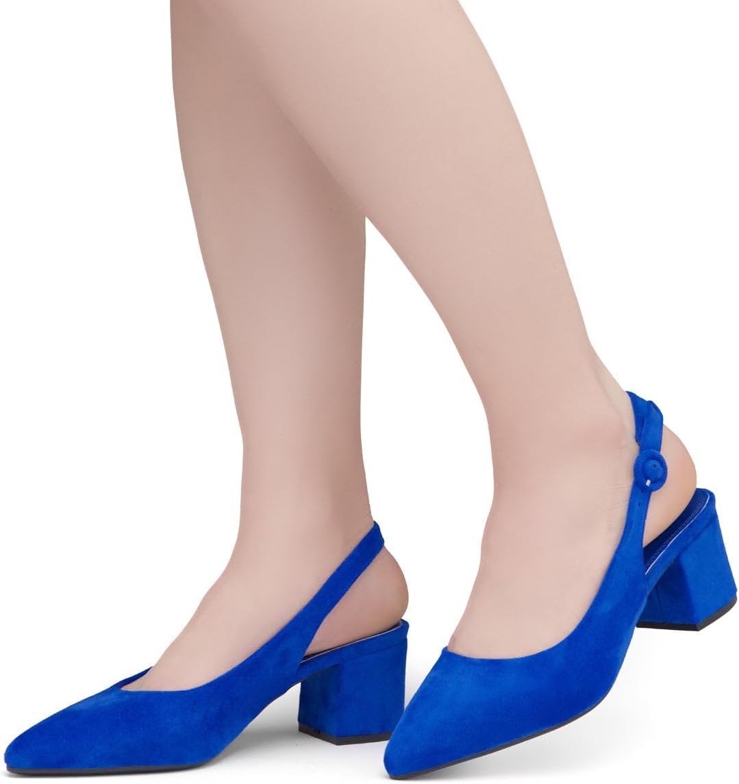Shoe Land Pointed Toe Low Block Heels for Women – Slingback Slip-On Chunky Heeled Dress Pumps | 2.25 Inch Comfortable Business Casual Heels for Work, Office & Wedding