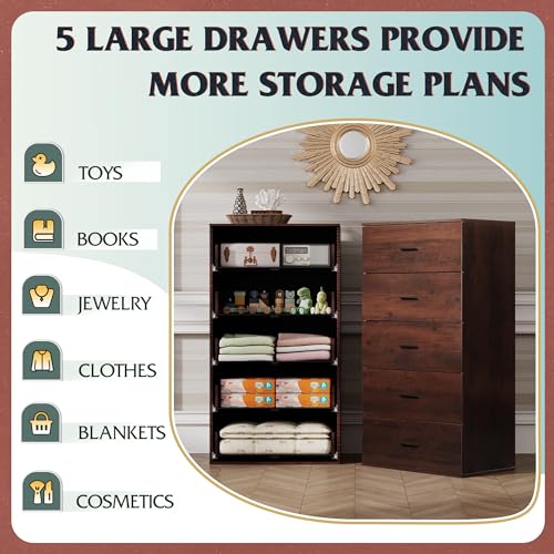 Image of WLIVE Tall Dresser for Bedroom, Wood Chest of Drawers with Mental Handles, Brown Bedroom Dresser with 5 Drawers, Modern Minimalist Closet Store Organizer for Living Room, Hallway