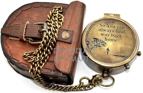Brújula de bolsillo vintage de latón grabada con estuche de cuero miniatura 5