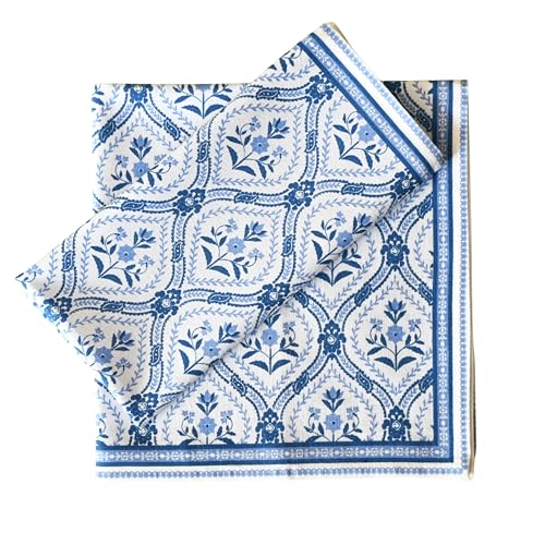 FINGERCRAFT Cloth Napkins Set of 8 Cotton Linen, 20x20 Inch, Damask Blue