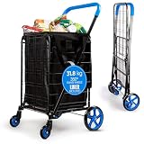 SereneLife Small Compact Folding Shopping Cart with Removable Waterproof Liner – 360° Swivel Wheels, Rust Proof Steel Frame, 31.8 Kg Capacity – Portable Grocery, Laundry & Travel Cart (Blue)