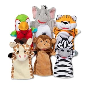 Melissa & Doug Safari Buddies Hand Puppets, Set of 6 (Elephant, Tiger, Parrot, Giraffe, Monkey, Zebra) Soft, Plush Puppet, Stuffed Animals, Pretend Play Toddler Toys for Girls & Boys 2+