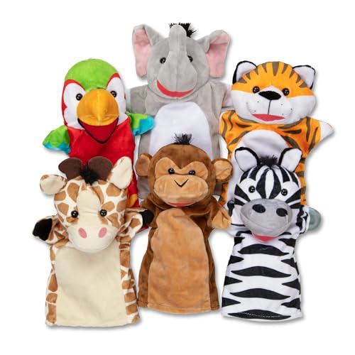 MELISSA & DOUG - Marionetas de Mano Amigos del Safari: 6 Peluches de Mano de Jirafa, Elefante, Zebra, Mono, y Más, 6073171, Juguetes Niños 2 Años, Regalo Niño 2 años +, Juegos Niños 2 Años +
