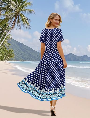 Image of YESNO Women's Summer Maxi Dresses Casual Floral Short Sleeve V Neck Boho Beach Vacation Swing Dress with Pockets EVF