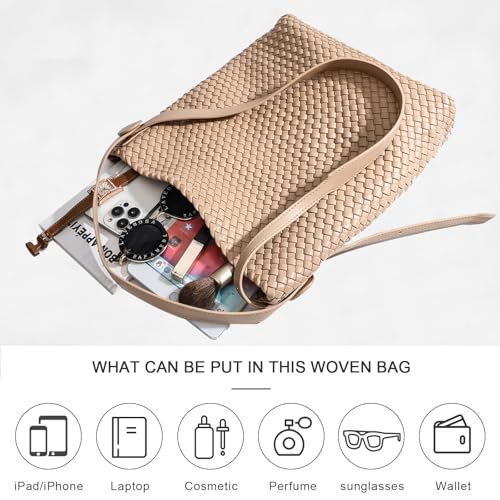 Image of Large Woven Tote Bag Vegan Leather Shoulder Bag for Women Fashion Travel Shopper Bag Top Handle Handbag and Purse