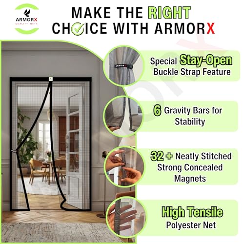 Image of ARMORX High Tensile Polyester Magnetic Door Mosquito Net | Self Closing Magnets with Buckle Strap, Protection from Insects, Pets & Kids Friendly | Black - 220cm x 115cm