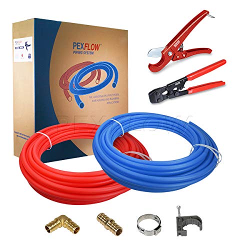 Pexflow PXKT30012 Pex Starter Kit - Crimper & Cutter Tools, 1/2-In Brass Elbow & Coupling Fittings, 1/2-In Stainless Steel Cinch Clamp, 1/2-In Half Clamp, 1/2-In X 300ft PEX Tubing (1 Red + 1 Blue)