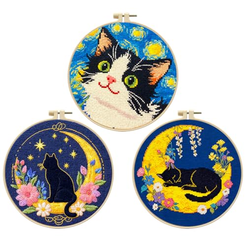 Image of Zhenqing Night Sky Cats Cross Stitch Kit - 3-Piece Set with Pre-Printed 11CT 24x24cm Fabric, Hoop & Tools, Starry Night Theme for Beginners (70413)