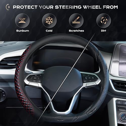 Image of Coverado Car Steering Wheel Cover, Nappa Leather Black & Redline Steering Wheel Covers, Universal 14-15 inch, Anti-Slip, Breathable Steering Wheel Protector for Women Men